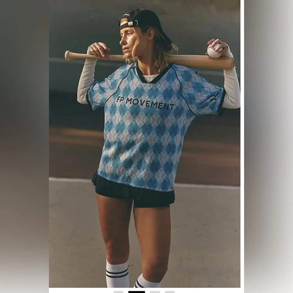 Free people movement Baseline Printed Tee. NWT. Light blue argyle - Picture 2 of 4